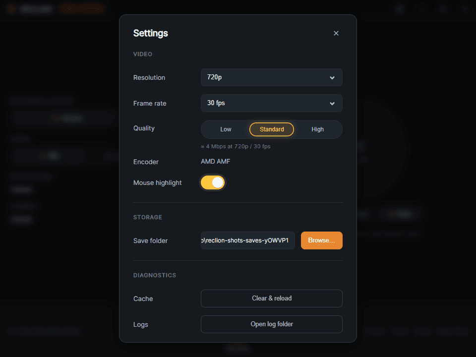 Settings modal with Resolution, Frame rate, Quality, Encoder, Mouse highlight, Save folder and a partial Diagnostics section