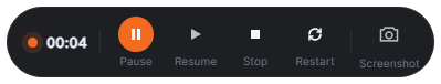 The floating recording bar with timer, pause / resume / stop / restart, profile mode, layout toggle and screenshot button