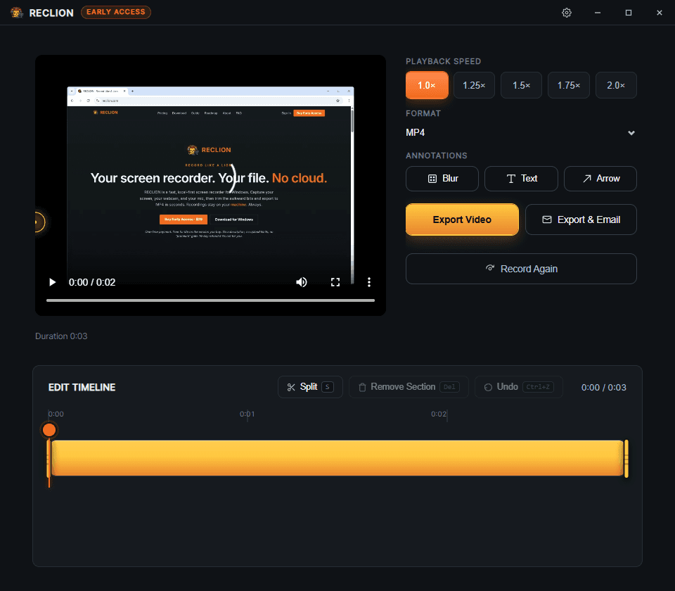 Preview view with video player, playback speed pills, format selector, annotation tools, export buttons, and the edit timeline below