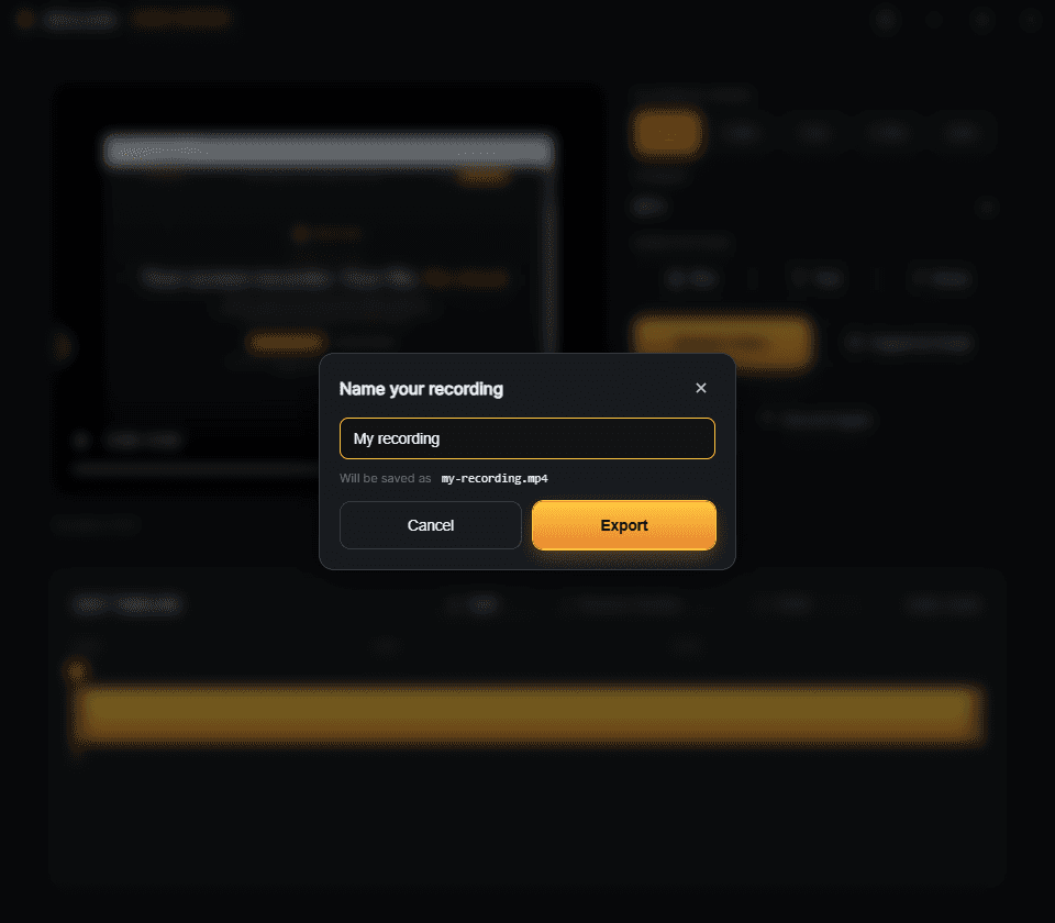 Name your recording modal with a text input, filename preview, Cancel and Export buttons