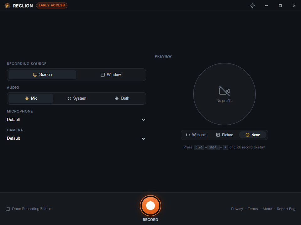 Main panel right after a successful activation, ready for the first recording