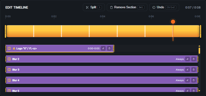 Edit timeline showing the gold trim track with split markers and a stack of purple Blur bands, each with start and end bumpers, glyph and name on the left, time-range chip on the right, and pencil and trash icons