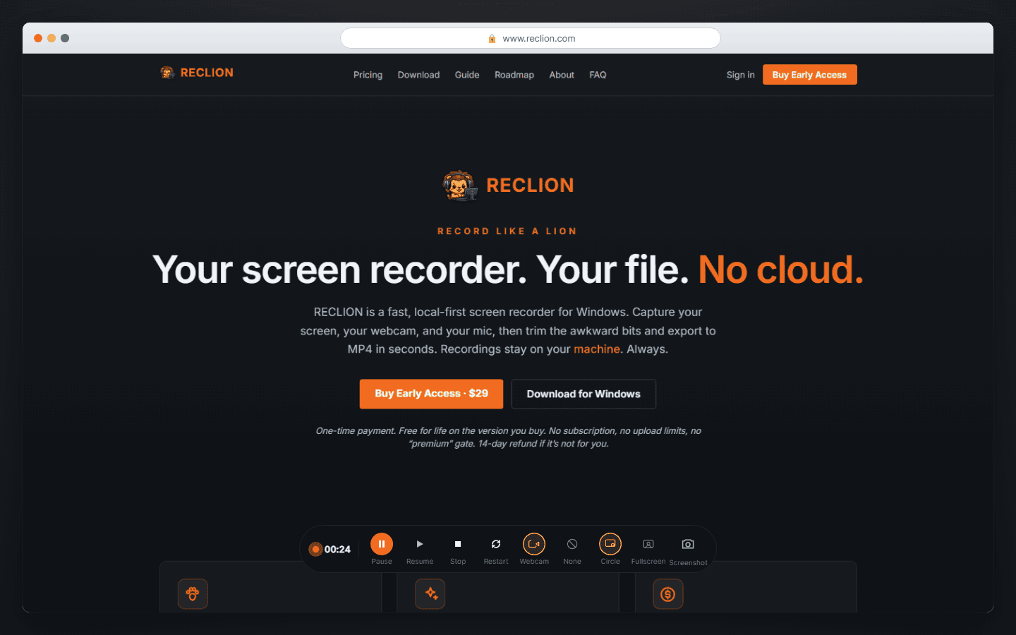 A simulated browser window showing reclion.com with the RECLION recording bar floating at the bottom: 00:24 timer, Pause/Resume/Stop/Restart, Webcam (active) / None mode, Circle (active) / Fullscreen layout, Screenshot.